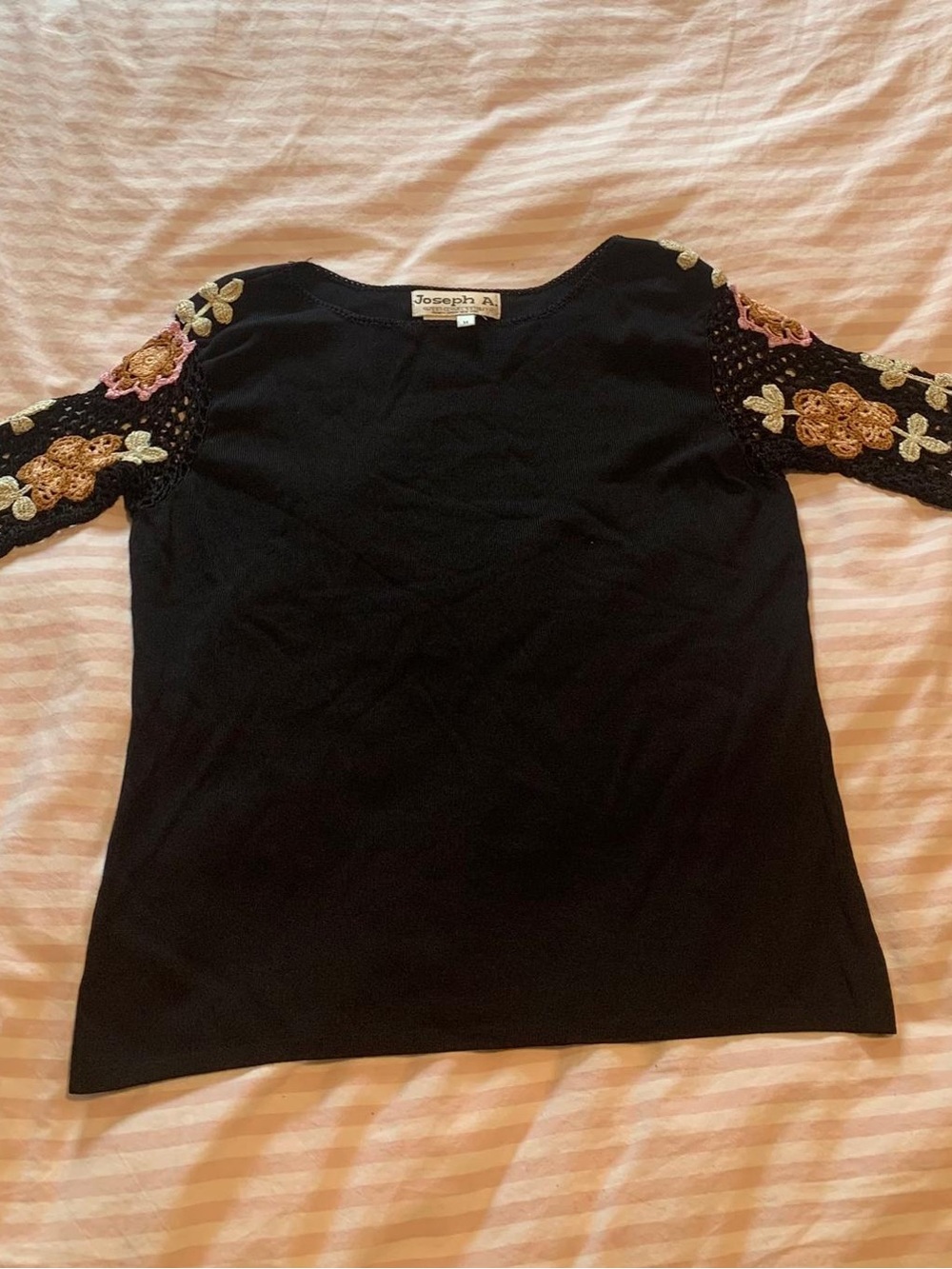 Joseph Black Short Sleeve Top with Pink and Gold Floral Embroidery